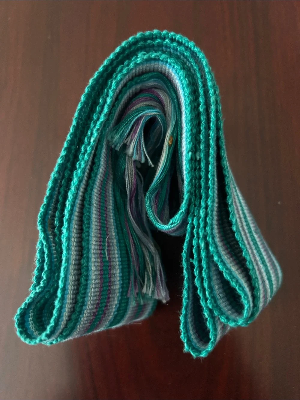 Striped Fringe Woven Belt in Teal, White & Purple